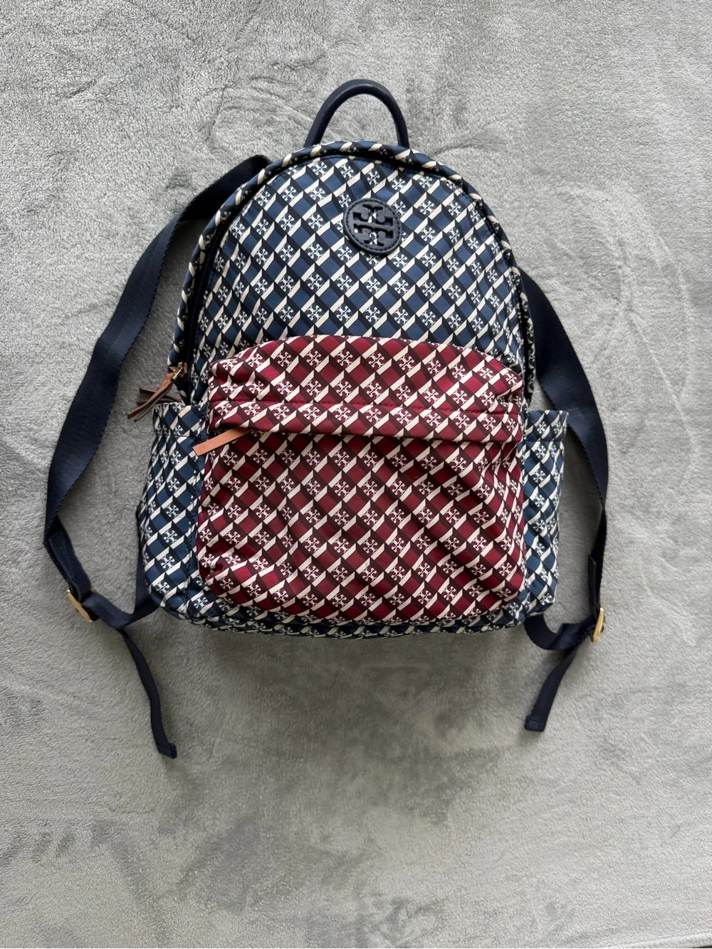 Tory Burch Navy and Burgundy Geometric Logo Backpack